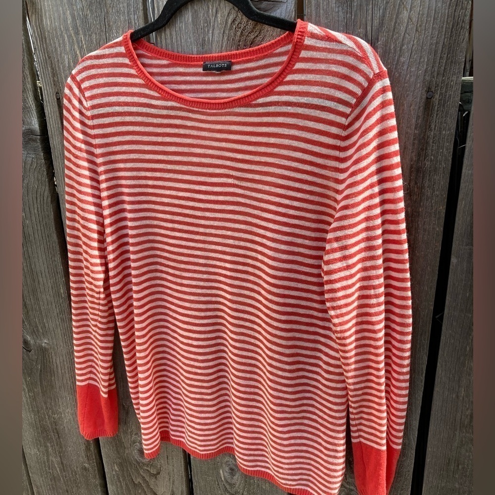 Women's Talbots Sweater Orange Striped NO TAGS Crew Vibrant Fall Linen Light - Picture 3 of 11